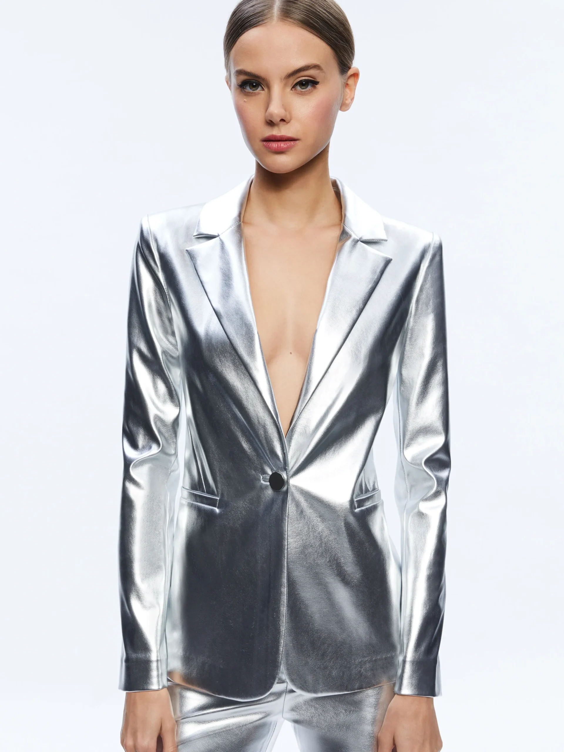MACEY METALLIC VEGAN LEATHER BLAZER + LIVI METALLIC VEGAN LEATHER PANT