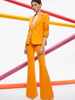 MACEY NOTCH COLLAR FITTED BLAZER + CARLI DENIM BRA TOP + BEAUTIFUL HIGH RISE BELL JEAN