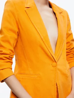 MACEY NOTCH COLLAR FITTED BLAZER + CARLI DENIM BRA TOP + BEAUTIFUL HIGH RISE BELL JEAN