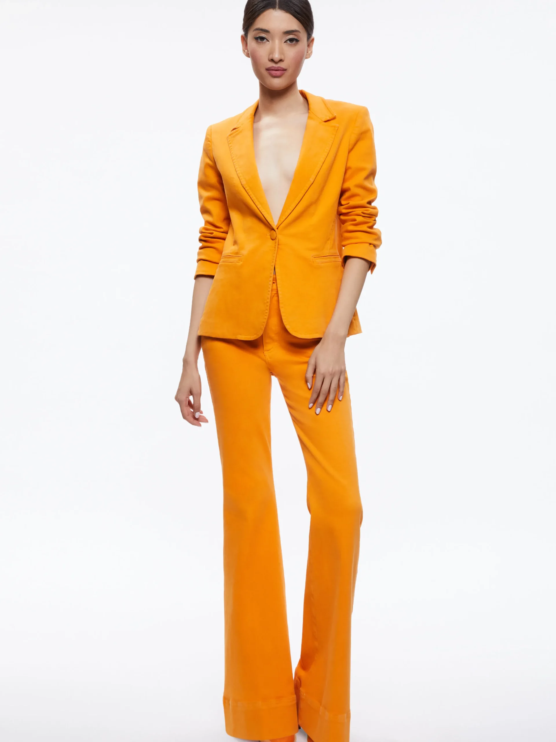 MACEY NOTCH COLLAR FITTED BLAZER + CARLI DENIM BRA TOP + BEAUTIFUL HIGH RISE BELL JEAN