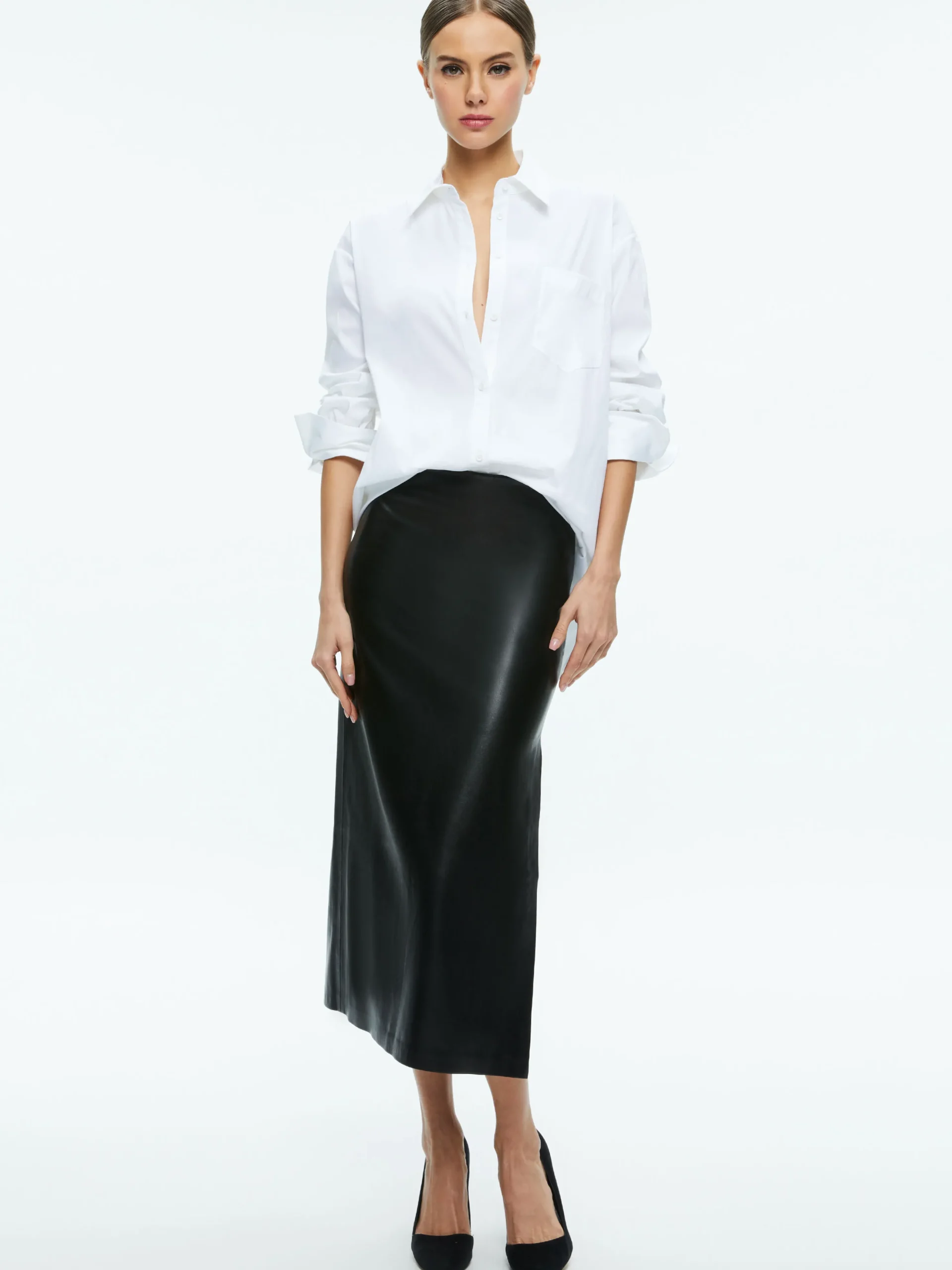 MAEVE VEGAN LEATHER MIDI SKIRT