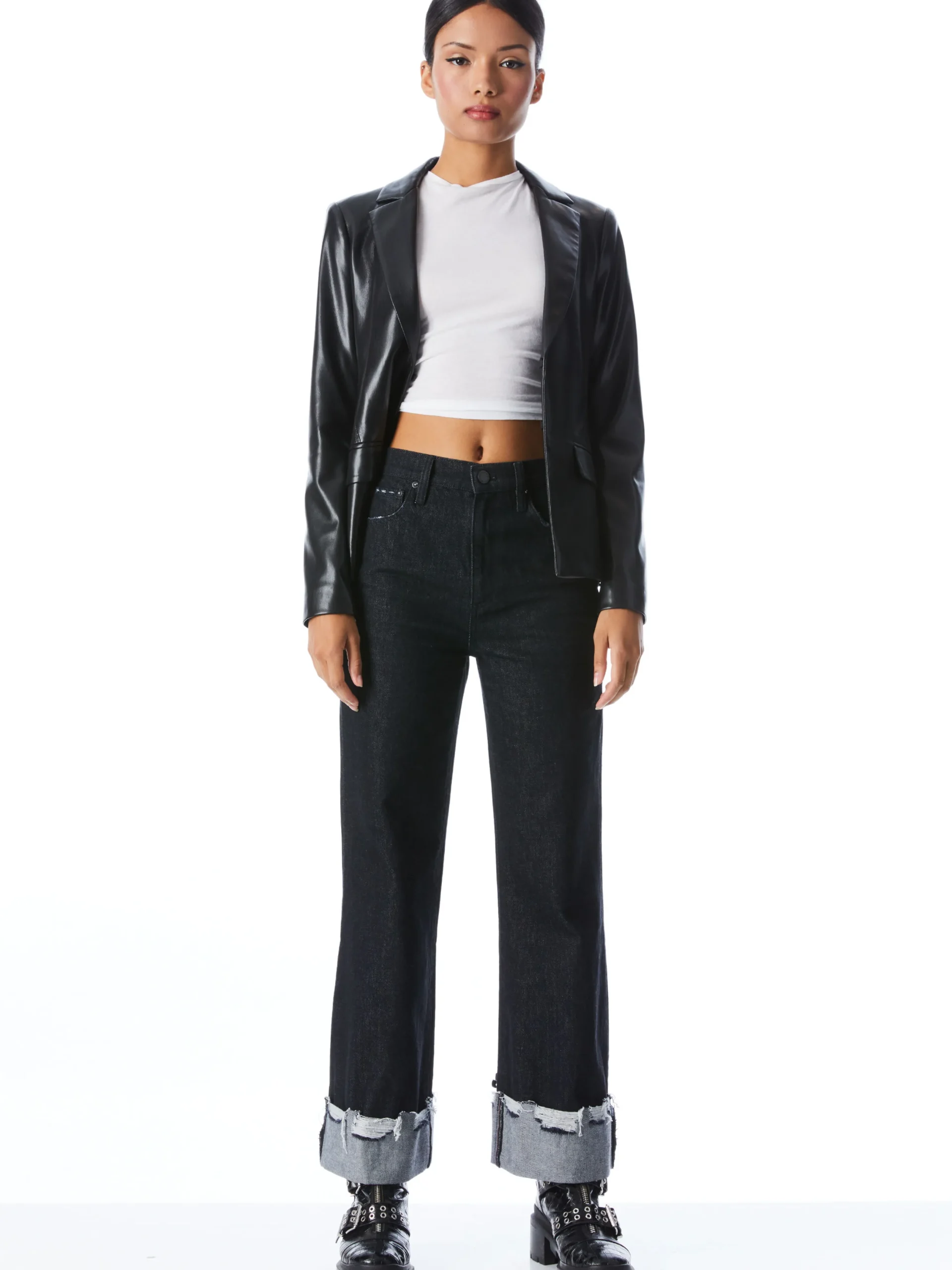 MYA VEGAN LEATHER NOTCH COLLAR BLAZER