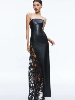 RETHA VEGAN LEATHER LACE MAXI DRESS