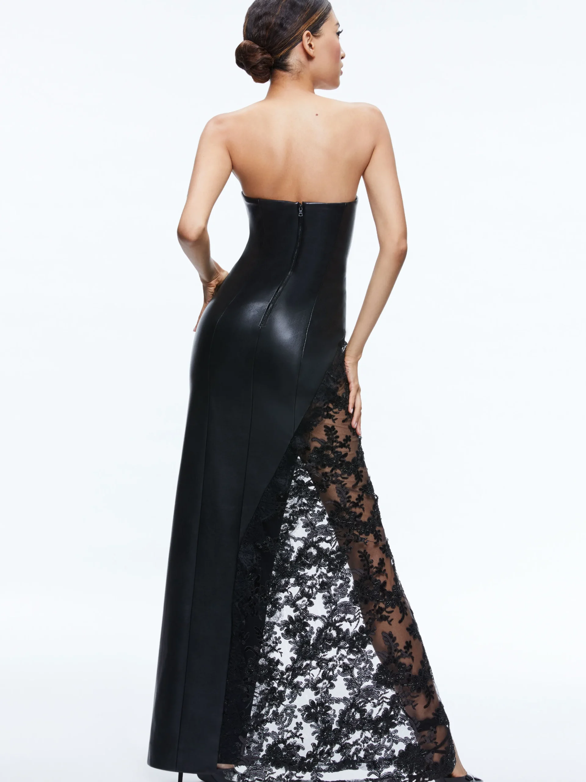 RETHA VEGAN LEATHER LACE MAXI DRESS