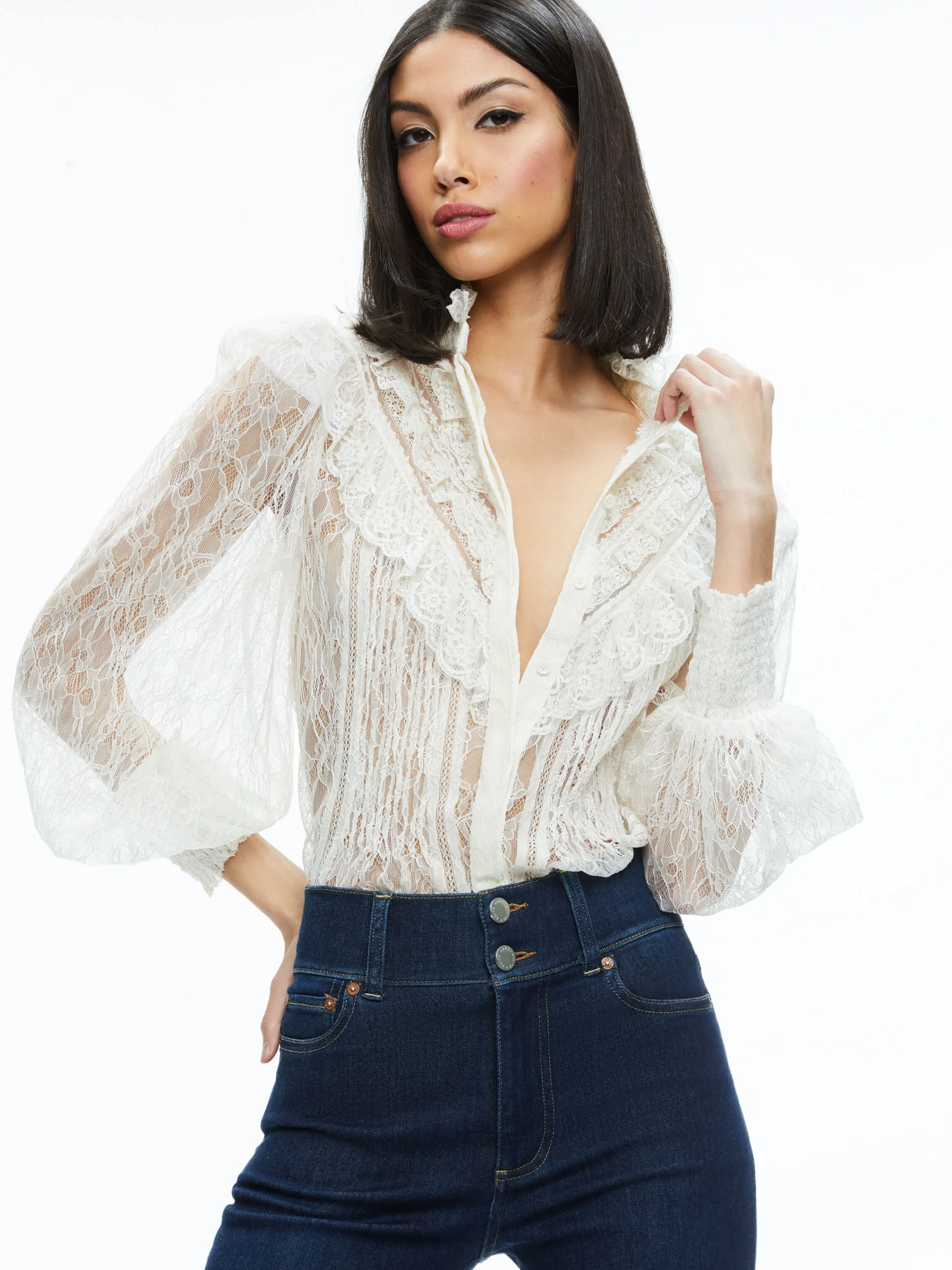 RHEBA MOCK NECK BUTTON FRONT LACE TOP