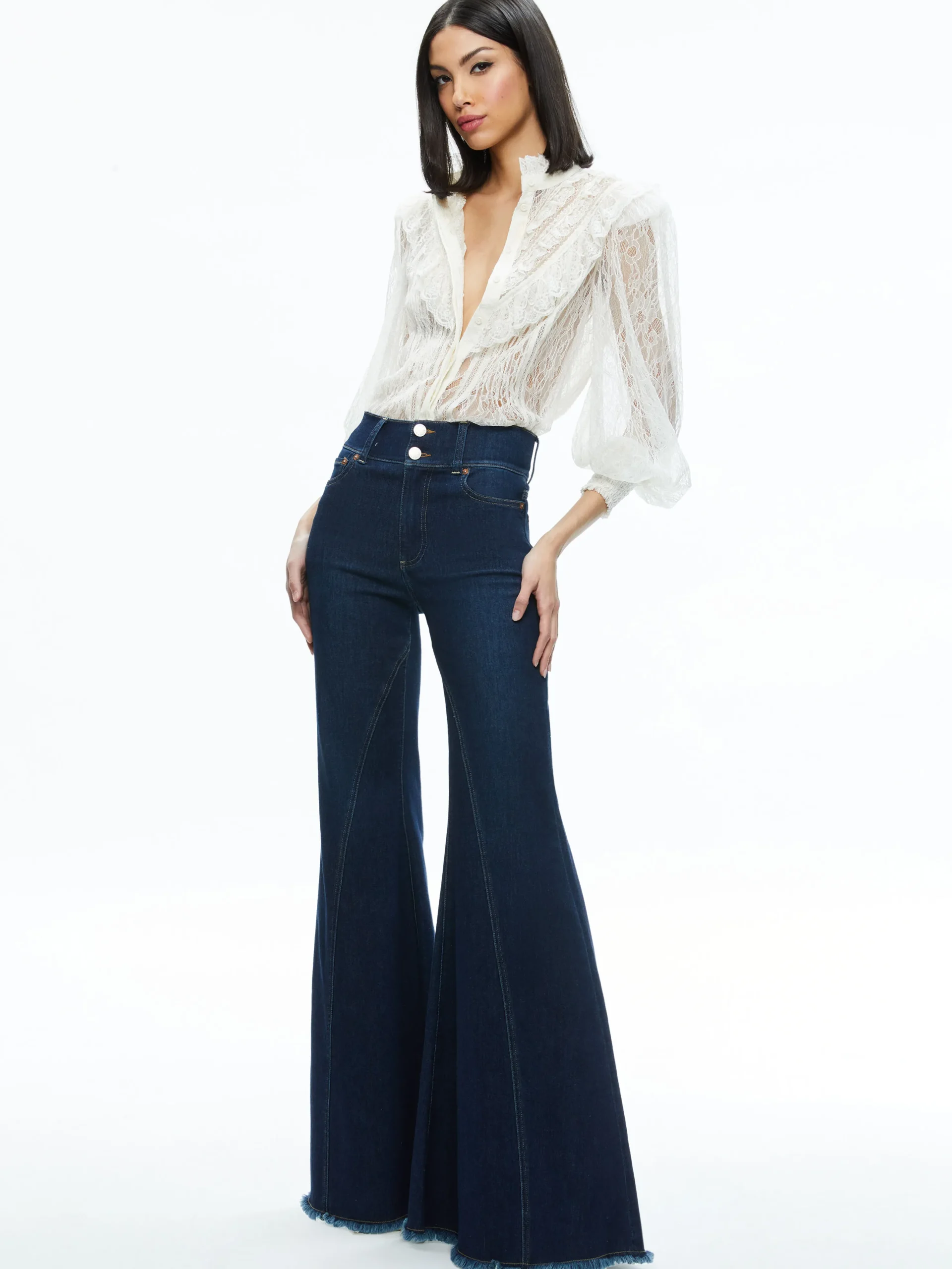 RHEBA MOCK NECK BUTTON FRONT LACE TOP