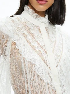 RHEBA MOCK NECK BUTTON FRONT LACE TOP