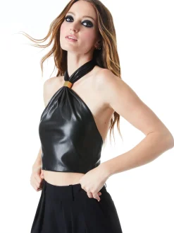 SADE VEGAN LEATHER HALTER NECK CROP TOP