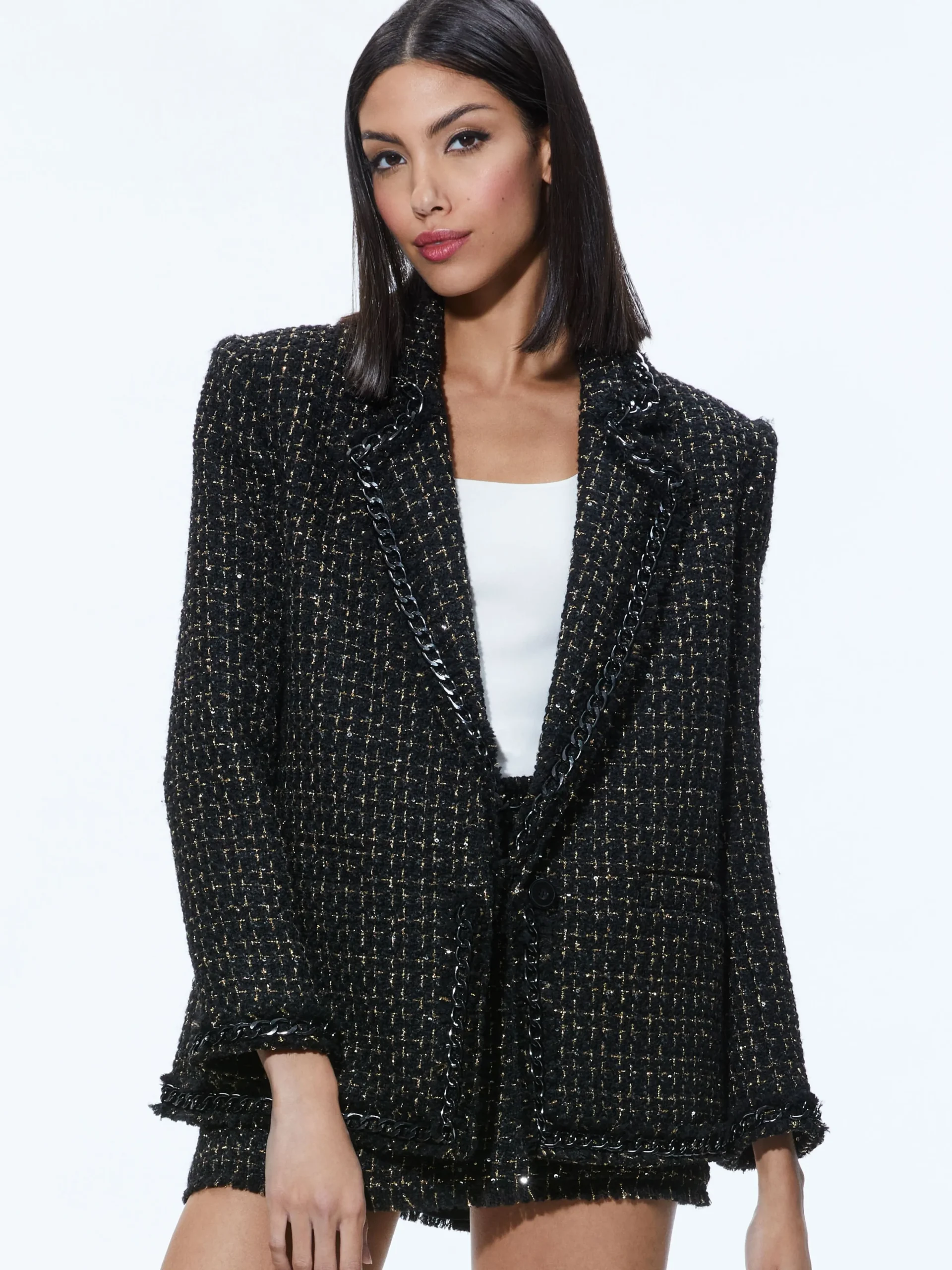 SHAN TWEED CHAIN TRIM BLAZER + JALEN CHAIN MINI SKIRT