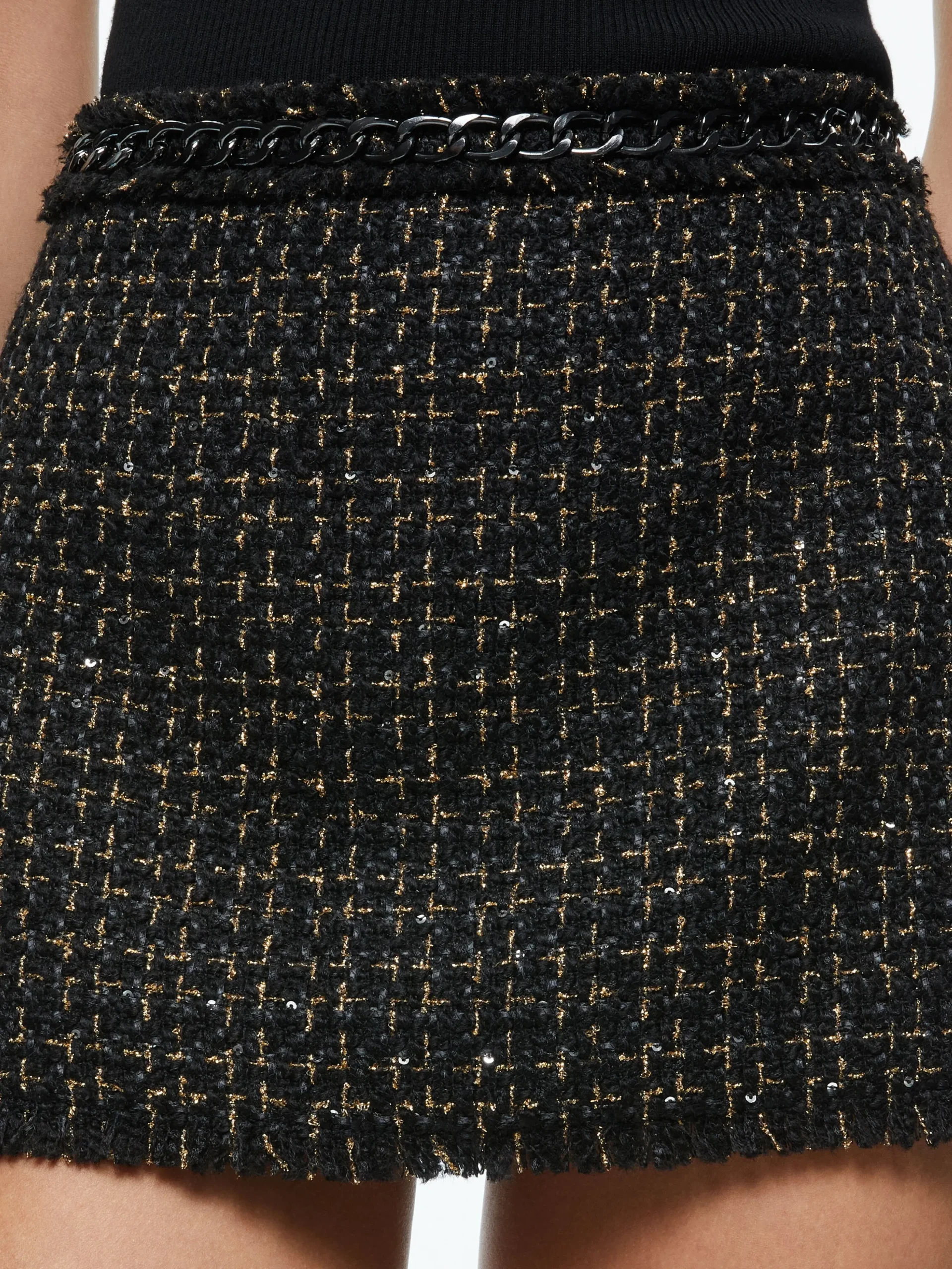 SHAN TWEED CHAIN TRIM BLAZER + JALEN CHAIN MINI SKIRT