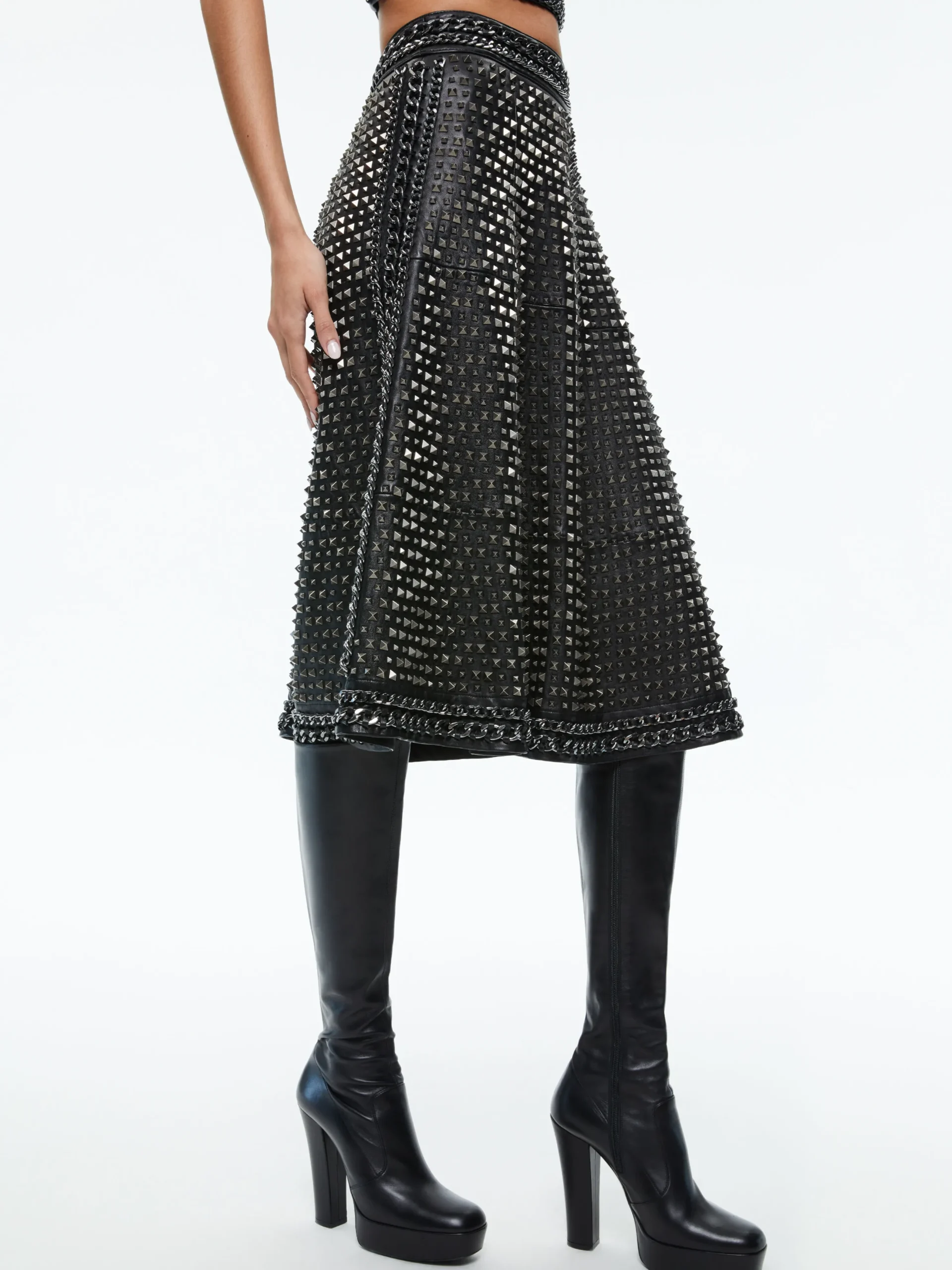 SOSIE STUDDED LEATHER MIDI SKIRT