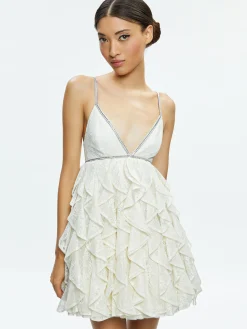 WILMARIE EMBELLISHED LACE RUFFLE MINI GOWN