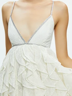 WILMARIE EMBELLISHED LACE RUFFLE MINI GOWN